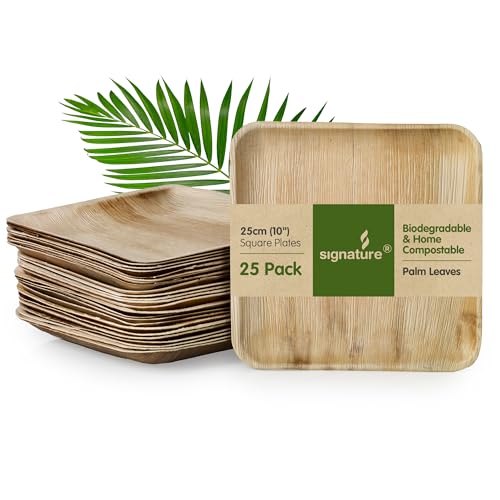 Signature Packaging - Disposable Palm Leaf Plates - Sturdy, Large Square Plates - 25Cm, 25 Pack