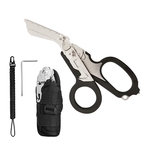 6-in-1 Trauma Shears EMT Medical Scissors - Stainless Steel Tough Cut Scissors with Ligature Cutter & Glass Breaker, Foldable Rescue Knife for First Aid Kits, Paramedic Accessories (Black)
