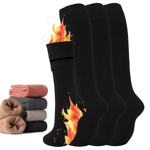 4 Pairs Warm Knee High Socks for Women,Cotton Thermal Sock for Skiing Hiking Gifts Winter Boot Socks