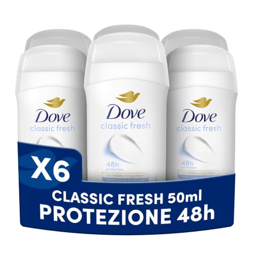 Dove Deodorante Stick, Classic Care, Deodorante Antitraspirante in Stick, Protezione Fino a 48 Ore, con 1/4 di Crema Idratante, Formula Delicata, Deodorante Uomo e Donna, 6 Pezzi da 50 ml