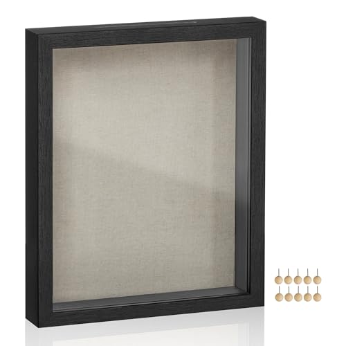 SONGMICS 8x10 Shadow Box Frame, Deep Box Frame with Top Slot and Push Pins, Picture Display Case, Linen Fabric Backing for DIY Craft, Glass Front, Gift Idea, Black URPF007B01