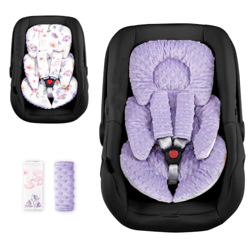 Image of Infant Car Seat Insert with 2 Strap Pads, Reversible Baby Car Seat Head and Body Support for Boys Girls, Preemie Newborn Carseat Insert, Super Soft, Fits for Stroller, Baby Swing, Bouncer (Purple)