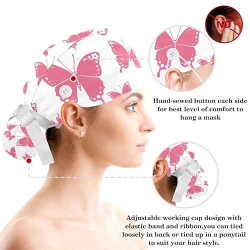 Image of Colored Butterflies Scrub Caps Women, Adjustable Working Cap with Button, Surgical Caps with Bow Hair Scrunchy