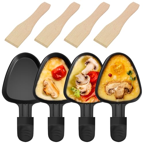 ipow 4 Sartenes Raclette Triangulares Mangos Negros + Palas Madera - Antiadherente Profesional, 18.34cm, Formato Innovador