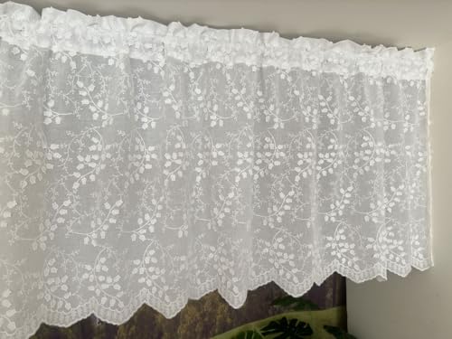Vordesack Rideau brise-bise en coton avec broderie 3D - Motif campanule - Dentelle - Rideau court semi-transparent avec passe-tringle - 1 pièce - Blanc - H x...