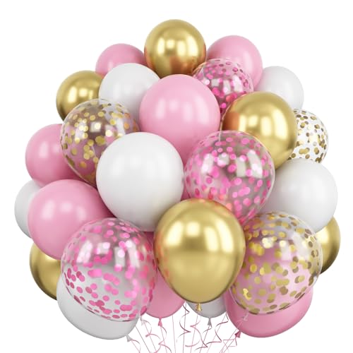 Balloons Pink White and Gold, 60 Packs 12 Inch Pastel Pink White Metallic Gold Balloon Confetti Balloons, Baby Pink Party Balloons for Girls Birthday Wedding Baby Shower Princess Party Decorations