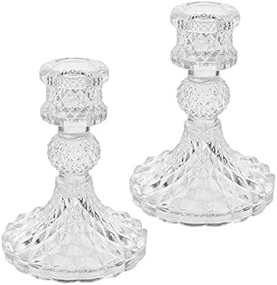 Rustic Table Decor Taper Candlesticks Crystal Tealight Candle Holder Glass Clear Pillar Candlesticks Centerpieces for Dining Table Fireplace 2pcs Tapered Candlestick Holders