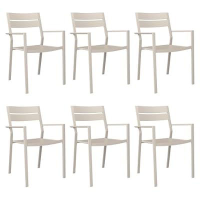 VICLLAX Patio Dining Chairs Set of 6, Stackable Metal Chairs Set with Armrests for Poolside, Backyard, Garden, Deck, Porch, Sandshell