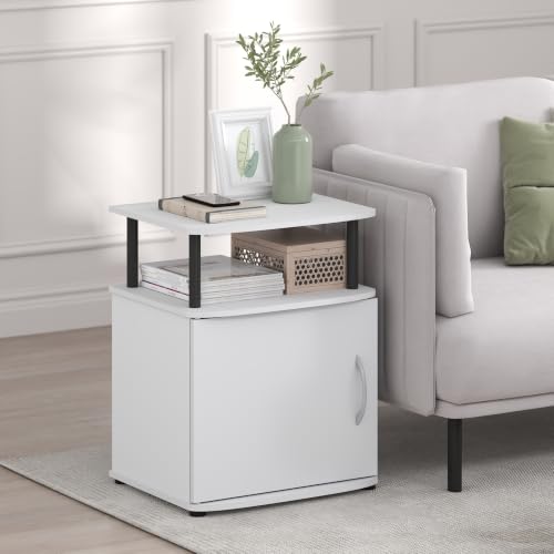 Image of Furinno Jaya Side Table, 2-Tier Open Shelf End Table with Door Cabinet, Soft-Edges Night Stand, Bedside Table, for Living Room, Bedroom, White