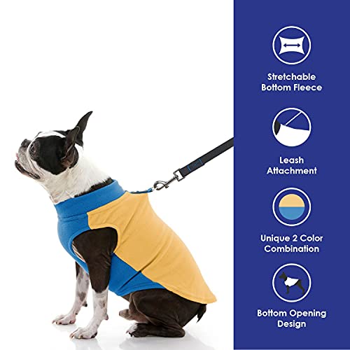 Image of Gooby Half Stretch Fleece Vest Dog Sweater, Honey Mustard, Large | Soft warm fleece; Stretch fleece bottom; Two-tone colors; Back D-ring for short walks