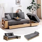 Tabaray Sleeper Sofa Bed Twin Size, Futon Sofa Convertible Sectional Couch, Storage Chaise, 2 Drawers, Cup Holder, Modern Linen Recliner Lounge, Sofabed for Living Room, Bedroom, Small Spaces, Grey