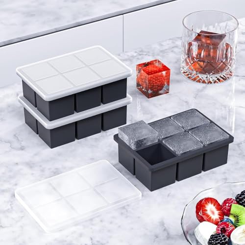 Image of Ice Cube Molds with Lid,Big Silicone Ice Cube Tray for Whiskey,2Inch Square Ice Cube Tray,Easy-Release Ice Mold,Giant Ice Cubes for Bourbon Cocktail (1, Full Black)