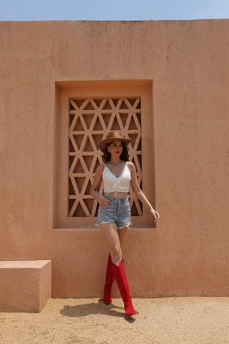 Image of iiimmu Cowgirl Boots Women Knee High Boots Pointed Toe and Block Heel Cowboy Suede and Faux Leather Boots with Embroidered