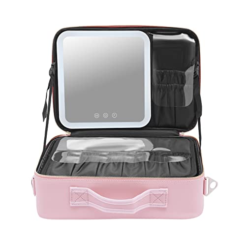 Bolsa de maquillaje rosa con espejo y 3 colores con luz LED, organizador de cosméticos, bolsa de maquillaje, Rosa., moderno