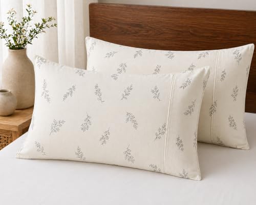 Image of Cotton Pillow Cover Set (1 Pair) | 20x30 Inch | Soft Breathable Cotton Fabric - Comfortable, Durable & Easy Care - 2 Pcs Set | White Leaf Print