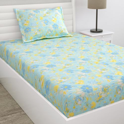Image of haus & kinder 100% Cotton Single Bedsheet with 1 Pillow Cover | 120 TC Kids Single Bedshet | Size 88 inch by 58 inch | Blue Bell Blooms