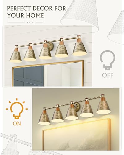 Image of FEMILA Bathroom Light Fixtures, Modern Bathroom Vanity Light with Hammered Metal Shade, Sconces Wall Lighting for Mirror Kitchen Bedroom, Gold, 37 inch