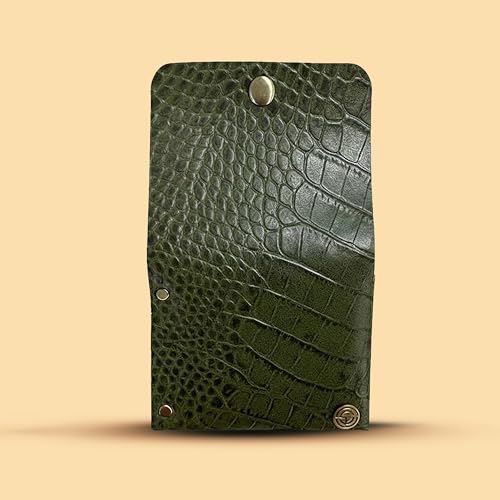 Image of STRUTT Croc Textured Genuine Leather Batua Wallet for Men & Women | Handcrafted Green Leather Cash & Card Holder | Snap Button Closure | Compact Ethnic Money Pouch