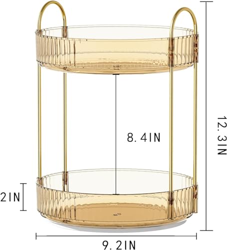 Image of 360 Rotating Makeup Organizer Bathroom Make Up Spinning Holder Rack, Large Capacity Cosmetics Storage Vanity Shelf Countertop, Fits Cosmetics, Perfume Skincare Lipsticks (2 Tier, Amber)