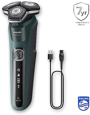 Philips Serie 5000 Afeitadora Eléctrica Hombre, Maquina de Afeitar Barba con Cortapatillas Desplegable, Uso en Seco y Humedo, Inalambrica, Recargable, Base Carga, Funda, S5884/35, Negro Metal