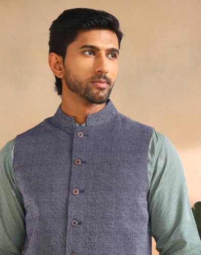 Image of Fabindia Mens Cotton Regular Fit Dobby Standard Length Nehru Jacket