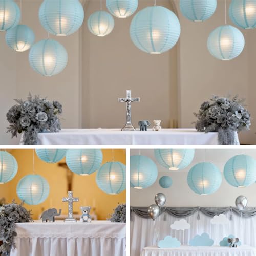 Image of Chinese Paper Lanterns - Pack of 10, 10-Inch Light Blue Hanging Lights for Birthday Party Decorations, Baby Shower, Gender Reveal Party, and Ocean Themed Party