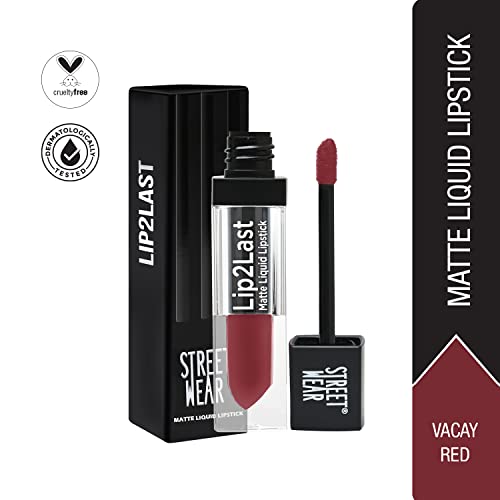 Image of STREET WEAR Lip2Last Matte Liquid Lipstick -Vacay Red (Red) - 5 ml - Transferproof, Smudgeproof, Mask Friendly, Non-Drying Formula, Enriched With Vitamin E - Lasts AM To PM!