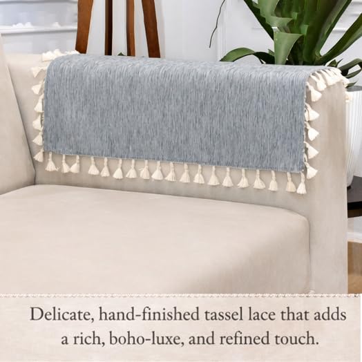 Image of STITCHNEST Premium Woven Fabric Sofa Arm Cover with Tassels | Elegant Hand Rest Protector | Durable & Stylish | 18 x 22 Inches