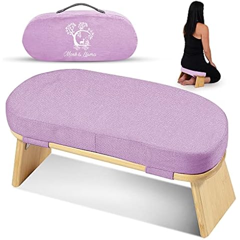Monk & Llama Meditation Bench - Kneeling Bamboo Bench with Foldable Legs & Cushion — Perfect Kneeling Stool Ergonomic Bamboo Yoga Bench for Extended Practice - Includes Carrying Bag (Purple) Cover