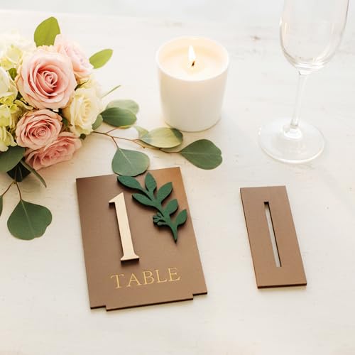 Image of Wedding Table Numbers 1-15 with Holders, Elegant Wood Table Numbers with Eucalyptus Leaves for Wedding Reception, Centerpiece Decoration, Event, Party