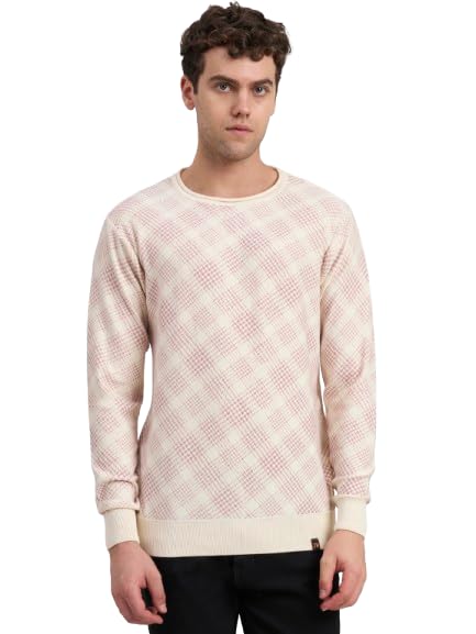 Men's Checked Sweatshirt, Cream and Pink, Round Neck-picture-55