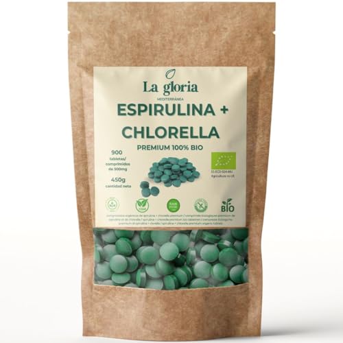 Espirulina y Chlorella en 900 Comprimidos Ecológica 100% Bio Naturales | 225 días | Alga Espirulina y Clorella Detox, Energía, Inmunidad | Suplemento Vegano con Proteína, Vitaminas y Minerales
