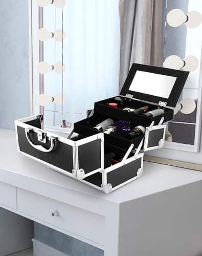 QWORK® Maletín de Maquillaje Portátil con Espejo, Estuche de Maquillaje Negro, Estuche de Cosméticos de Aluminio, Maleta para Uñas - imagen 2