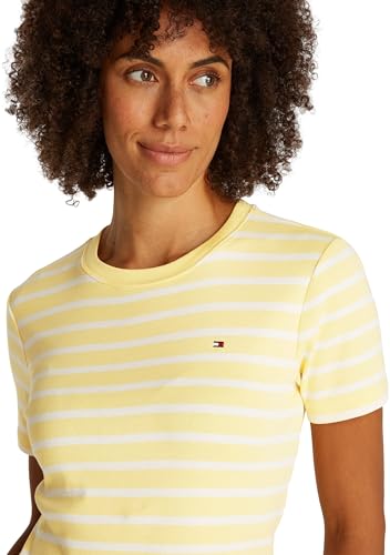 Tommy Hilfiger Camiseta de Manga Corta Mujer Slim Cody con Cuello Redondo, Multicolor (Citronella/Ecru STP), XL