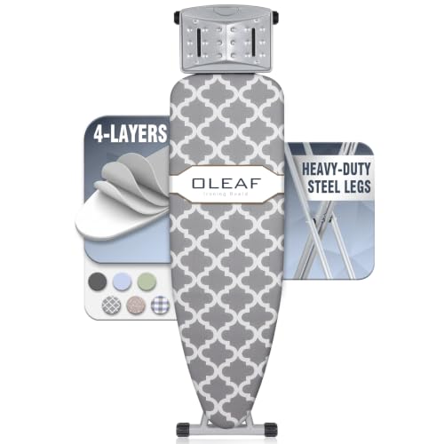 Image of oleaf Ironing Board with Cover and Thicken Pad Height Adjustable Full Size Foldable Iron Board with Iron Rest, Stable Steel Legs, Metal Construction, Heat Resistant, Gray and White Checkered