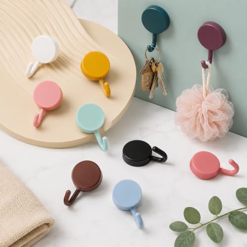 Image of KONVIO NEER Round Self Adhesive Wall Hooks - 10 Pack Multicolor Wall Hanging Hooks, Cute Plastic Key Holder Hooks Without Drilling for Keys, Towels, Kitchen, Bathroom, Kids Room & Home Organization