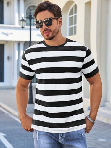 Runcati Mens Short Sleeve T-Shirts Striped Casual Crewneck Basic Shirt Color Block Stretch Summer Beach Tees2