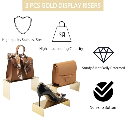 MCKECHSION Purse Display Stand Set of 3, Gold Stainless Steel Handbag Holders, Heavy Duty Metal Riser Stands for Wallets, Bags, Shoes, Perfume, Jewelry – Boutique & Retail Countertop Display by MCKECHSION - Image 6