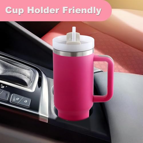 Image of Large Capacity Insulated Steel Tumbler with Handle and Straw Lid Dark Pink 1200 ML Hot Cold Travel Mug for Office Car Gym