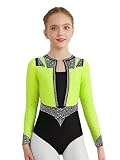 Nyeemya Maillot de Danza Ballet para Niña Leotardos Mangas Larga Detalle con Espumoso Coloridos Maillot Brillante para Gimnasia Rítmica y Patinaje Artístico 5-16 Años Amarillo fluorescente 11-12 años
