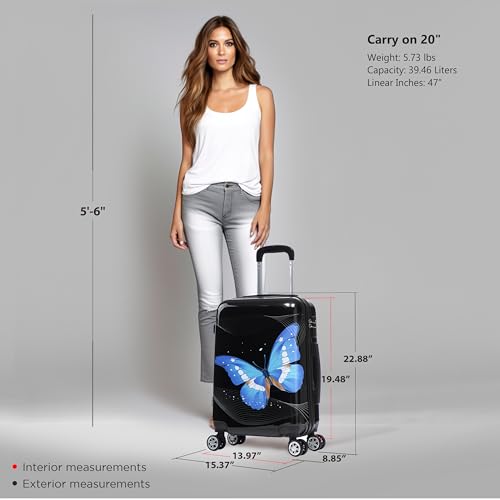 Image of InUSA Black Butterfly Print 20-Inch Carry-On Hardside Spinner Luggage Bag