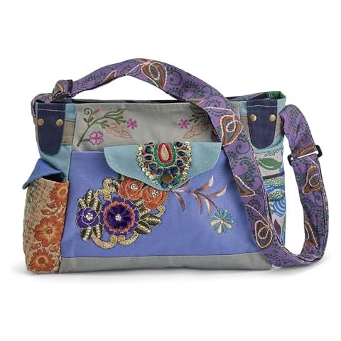 Patchwork Applique Purse, Women’s Boho Crossbody Bag, Adjustable Shoulder Strap, Top Zip Closure, 13” x 9” Cover