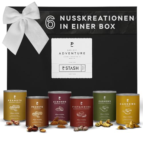 P-Stash Black Box Nussmischung - 6er Box Nüsse Mix - Cashews Mandeln Pistazien & Erdnüsse - Mixed Nuts mit einzigartigen Gewürzkombinationen handgeröstet in Berlin (6er Box Spicy Adventure)