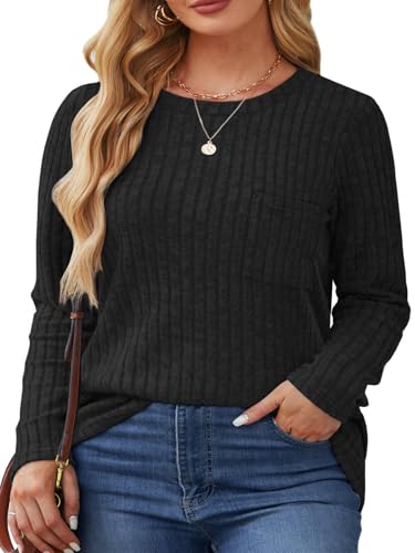 VISLILY Womens-Plus-Size-Tunic-Tops Casual Long Sleeve Crew Neck Shirts Striped Knitted Lightweight Sweaters with Cute Pocket2