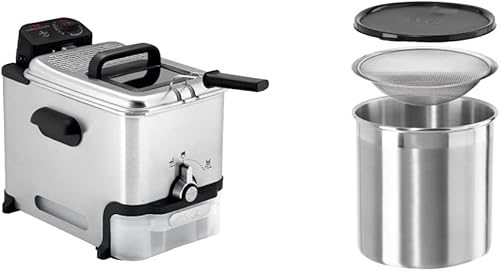 T-fal Freidora profunda con canasta, fácil de limpiar, filtración de aceite, 2.6 libras, plata, modelo FR8000 y contenedor de grasa de cocina OGGI,