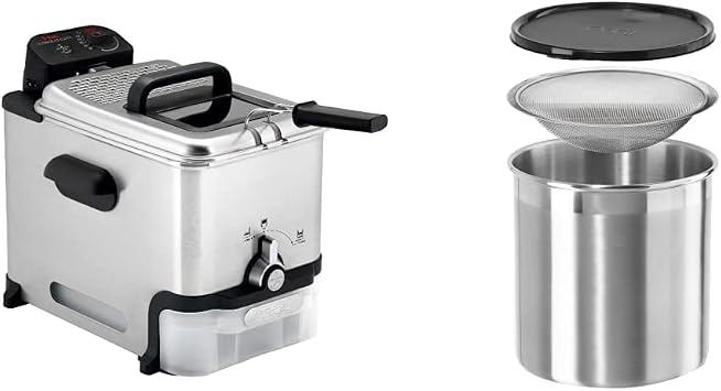 T-fal Deep Fryer with Basket, Easy to Clean, Oil Filtration, 2.6-Pound, Silver, Model FR8000 & OGGI Cooking Grease Container, 4 Quart, Stainless Steel