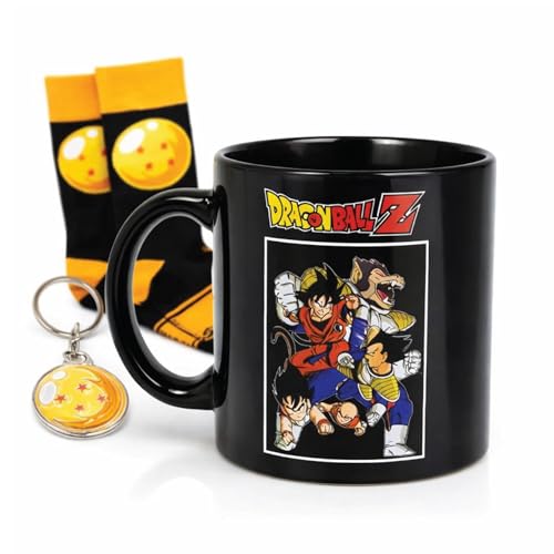 Dragon Ball Z Classic All Time Favorite Anime Battle Icon 3-Piece Gift Set Comic Art 12oz Mug Signature Print Crew Socks & Metal Keychain Multicolor