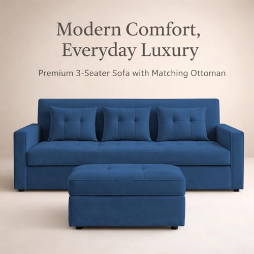 Image of Emilio 3 Seater with Ottomon Pull-Out Sofa Cum Bed (Blue Color) Premium Fabric Sofa Set for Living Room | Bedroom