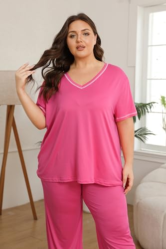 Image of Vozanet Women's Plus Size Pajama Sets Short Sleeve Long Pants Solid Color with Piping Trim Elegant Loungewear Cozy Sleepwear