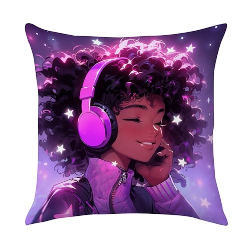 Sara Nell UIAGUIGDIUASGUIZCZC-10 Black Girl Anime Style Throw Pillow Covers African American Girl Love Music Pillow Case Sweet Girl Hot Pink Pillow Covers cover